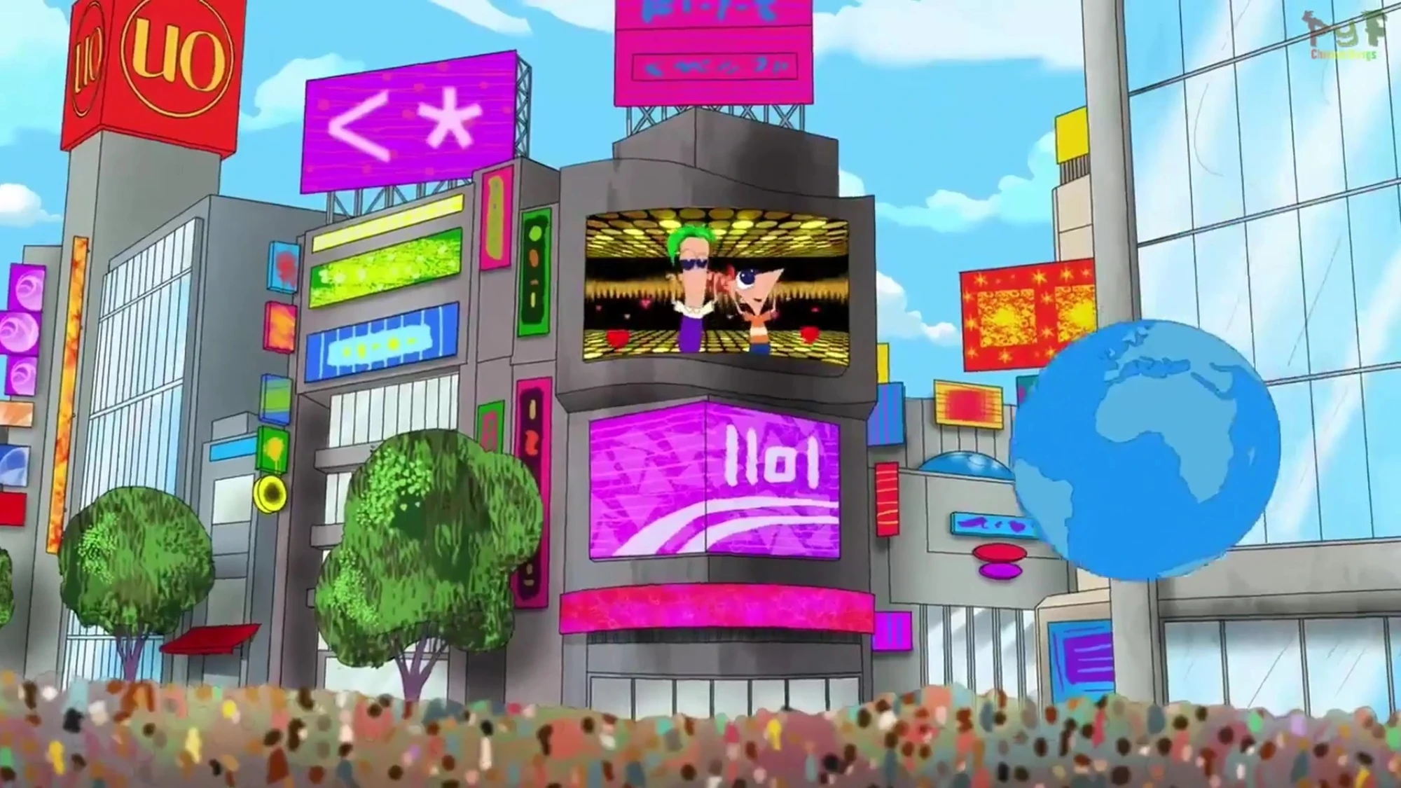 Image Phineas and Ferb in a large TV screen in Tokyo, Japan.jpg