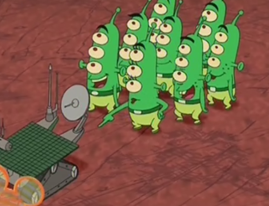 Martians pointing at Mars rover