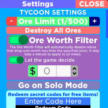 Settings Ore Tycoon 2 Wiki Fandom - codes for roblox ore tycoon 2