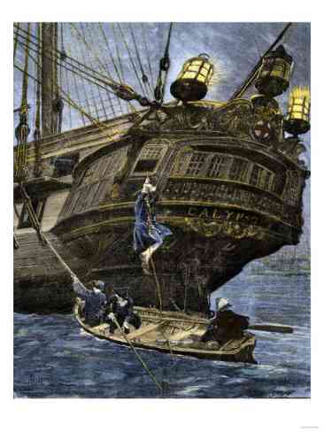 Shore-party-descending-into-a-rowboat-from-the-stern-of-a-sailing-ship-1700s i-G-30-3033-L1MBF00Z