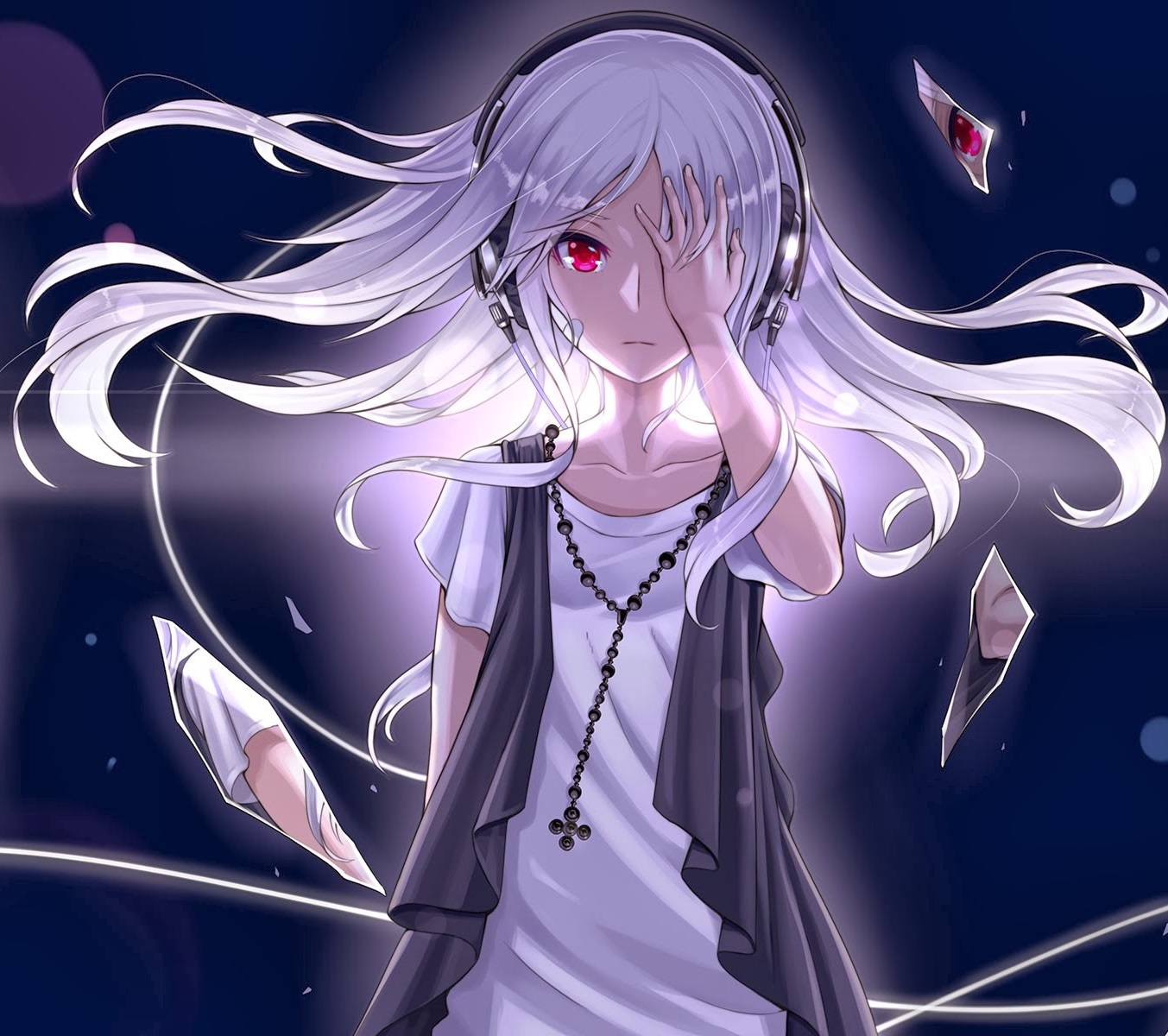 Image Headphones Long Hair Red Eyes Bandaids White Hair