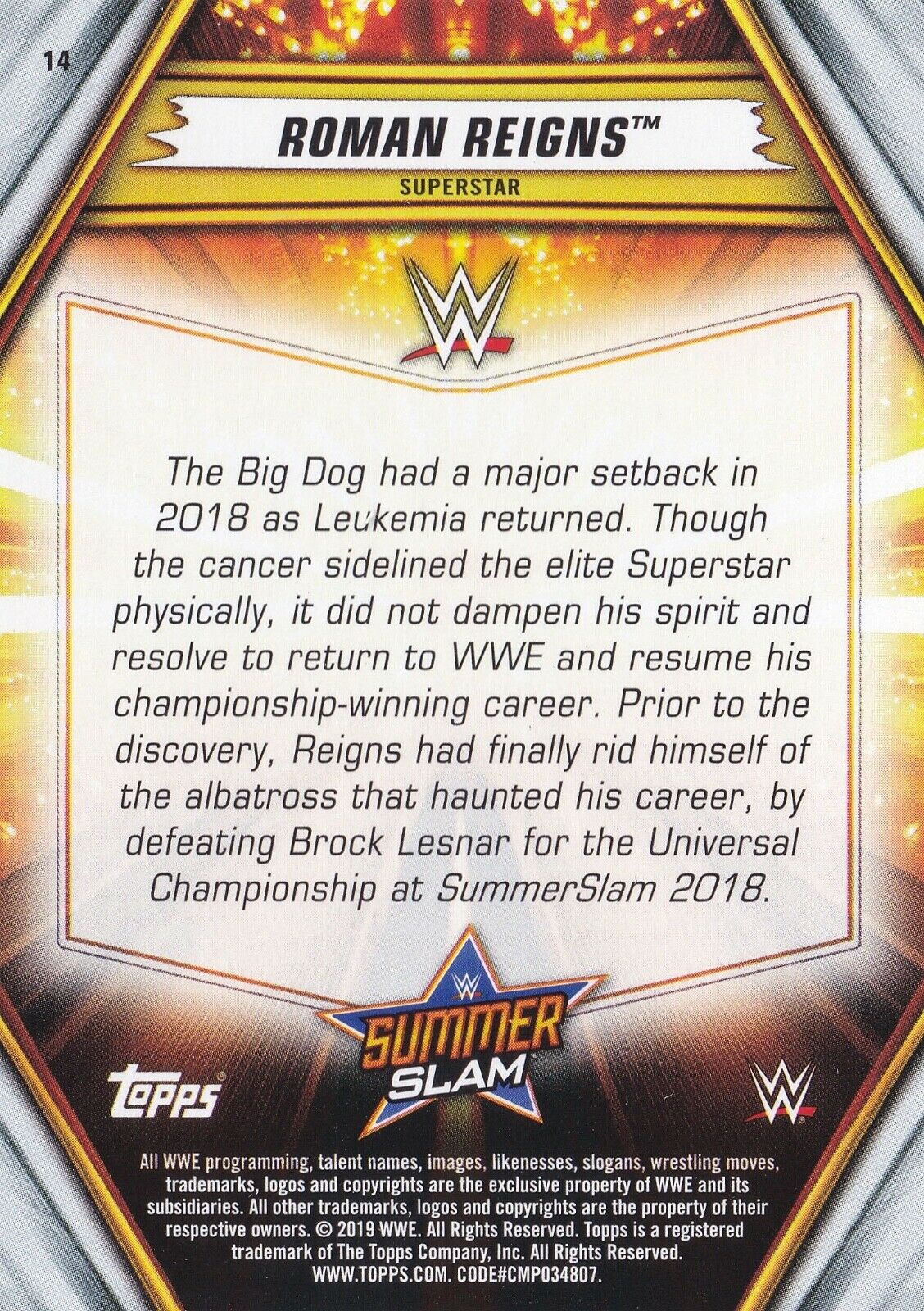 2019 Wwe Summerslam Topps Roman Reigns No 14 Pro Wrestling Fandom