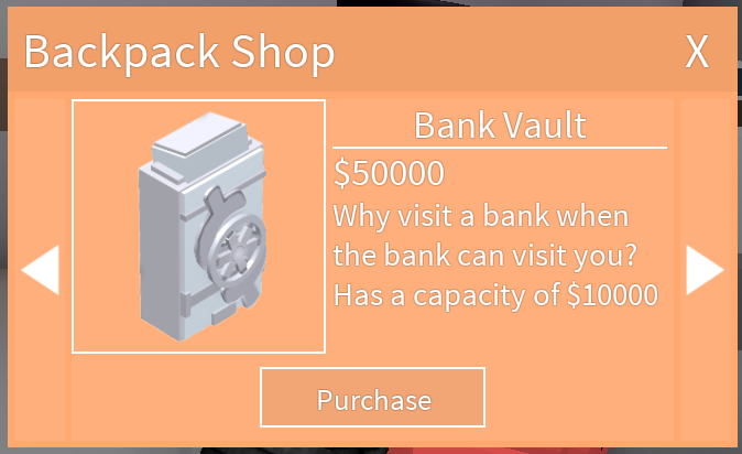 Bank Vault Backpack Roblox Cash Grab Simulator Wiki Fandom - best roblox simulator game with backpacks