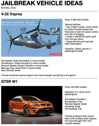 User Blog Mcporollo14 Kako S Vehicle Ideas Jailbreak Wiki Fandom