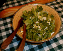 Warm Chicory Salad with Sweet Garlic, Croutons, Bacon & Roqu