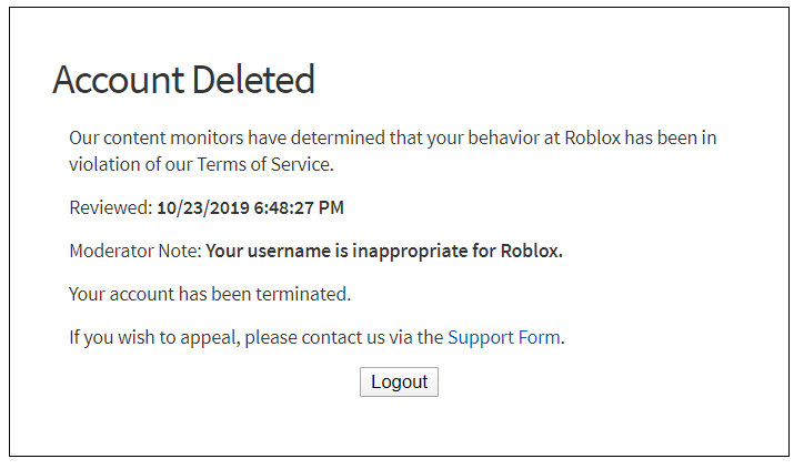 Roblox Account Banned Page