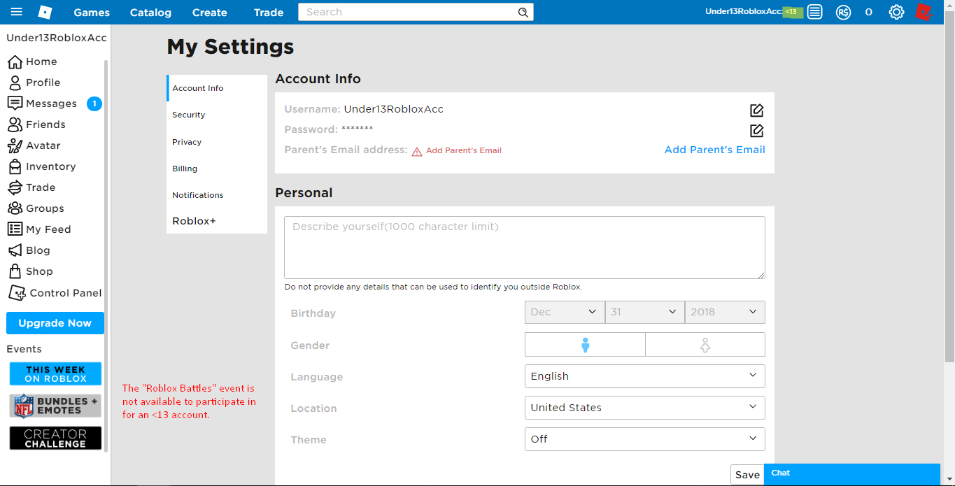 Roblox Under 13 Account