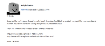 Roblox Suicidal Help Message Roblox Wikia Fandom