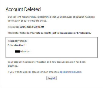 como excluir a conta do roblox Banimento Wikia Roblox Fandom