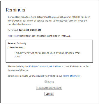 como excluir a conta do roblox Banimento Wikia Roblox Fandom