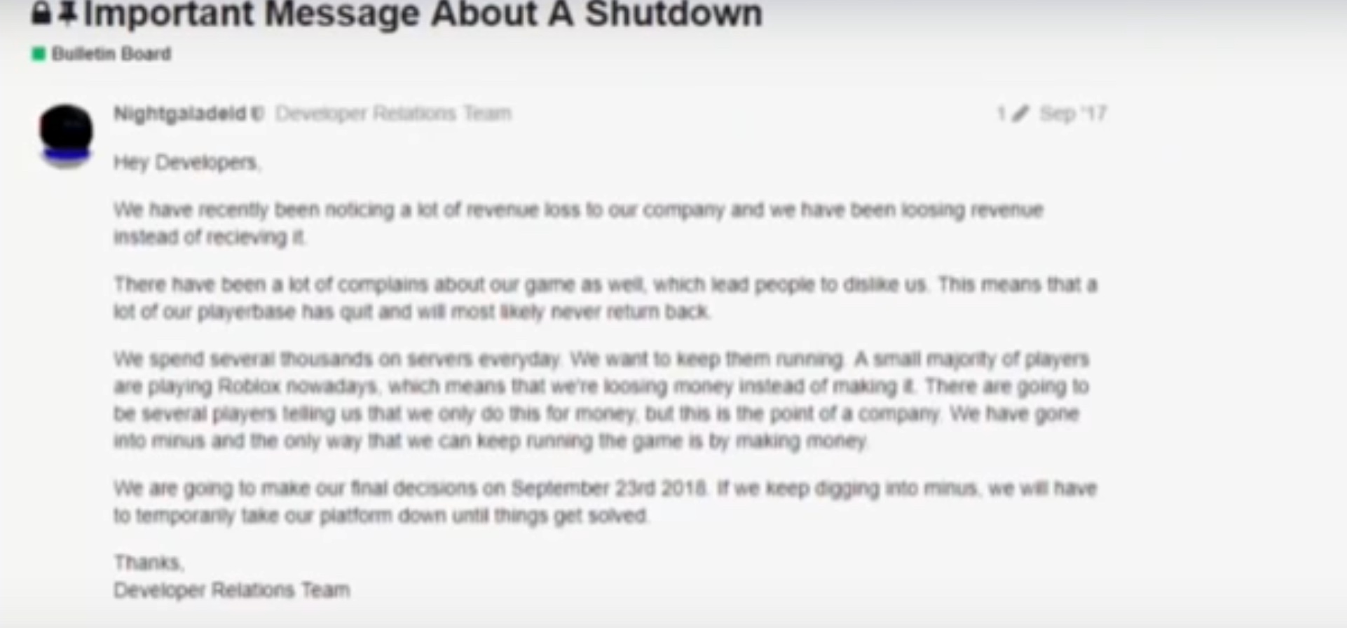 Board Thread News And Announcements Comment 32886444 20180918193435 - roblox developer forums 1eb8ff23 1914 4b52 b3ab 49834050640f shutting down