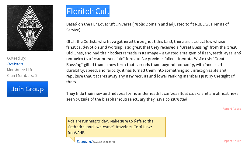 My Experience With The Eldritch Cult Roblox Creepypasta Wiki Fandom - roblox groups aspx