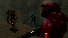 Sarge, Grif, Simmons, and Tucker inside temple