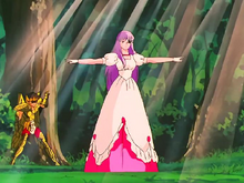 Saori aceita o desafio de Aiolia para receber seu ataque