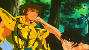 Aiolia se deixa golpear por Seiya