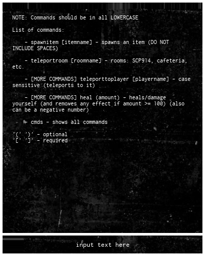 List Of Console Commands Scp Anomaly Breach Wiki Fandom - the console showing a list of commands and an input box below