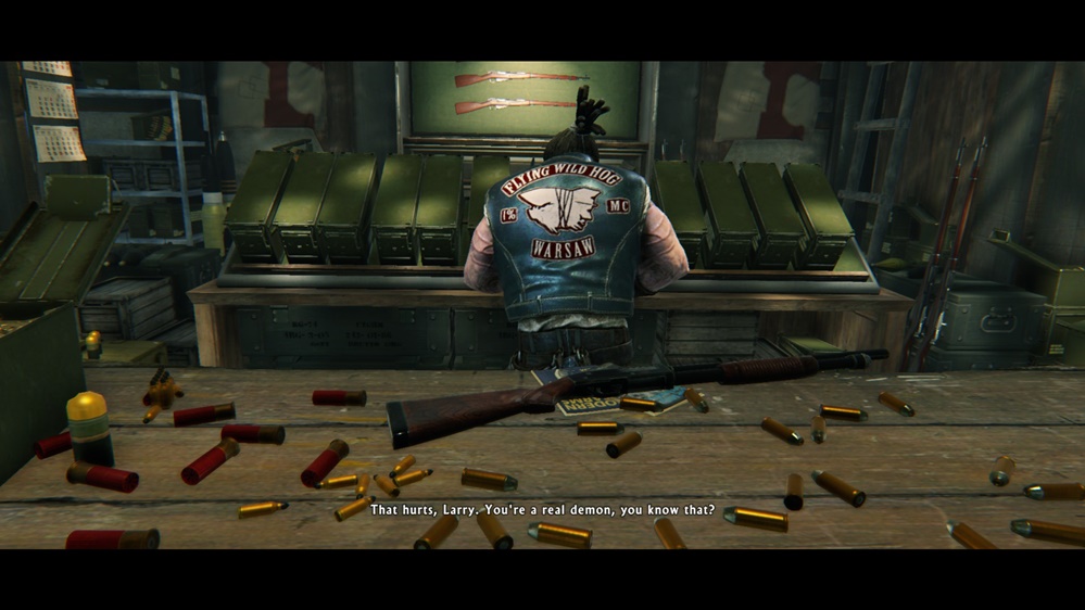 larry the arms dealer that sells weapons for lo wang has flying wild hog name and logo on the back his jacket - Images Of Easter Eggs 2 larry the arms dealer that sells weapons for lo wang has flying wild hog name and logo on the back his jacket - Images Of Easter Eggs 2