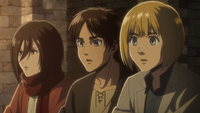 Eren, Mikasa, dan Armin melihat seorang prajurit