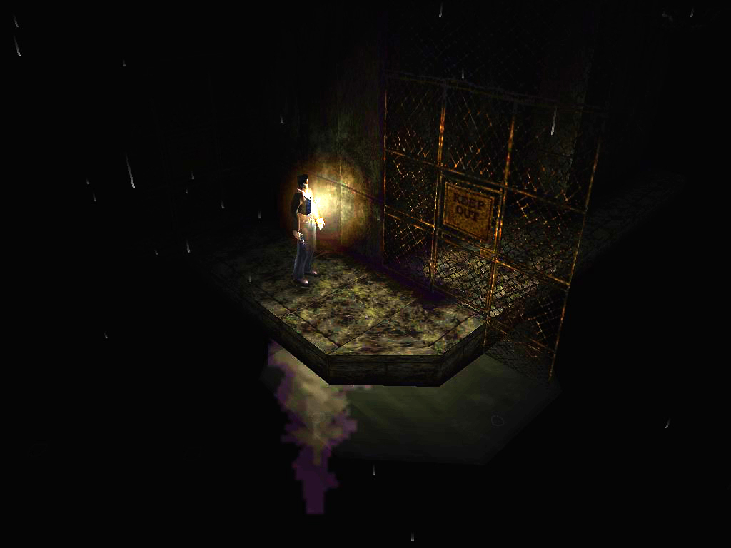 Silent Hill 1: Harry Mason walking in the dark, over the bottomless