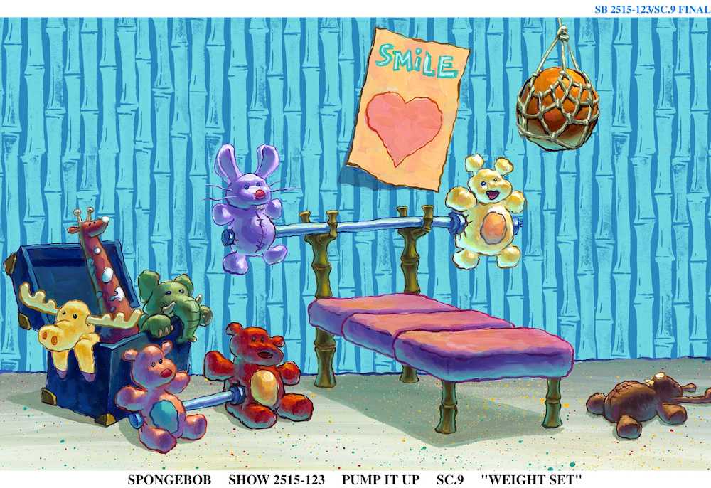spongebob lifting stuffed animals