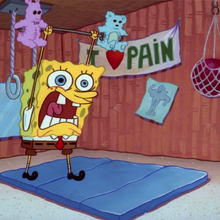 spongebob lifting stuffed animals