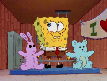 spongebob lifting stuffed animals