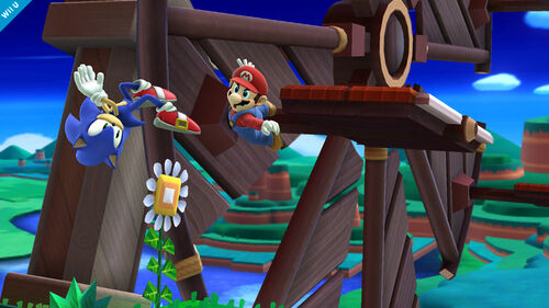 Sonic y Mario en el molino de la Zona Windy Hill (SSB for Wii U)