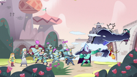 S3E11 High Commission and guards point weapons at Eclipsa