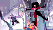 Amethyst, Pearl, and Garnet jump gracefully into the air. Steven joins them, jumping clumsily and not nearly as high, with a goofy look on his face.