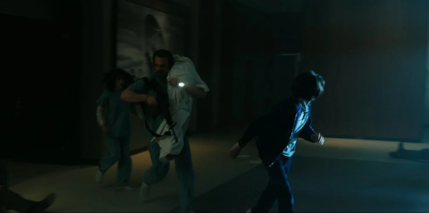 Image - Hopper, Mike and Joyce attempt escaping the lab ...