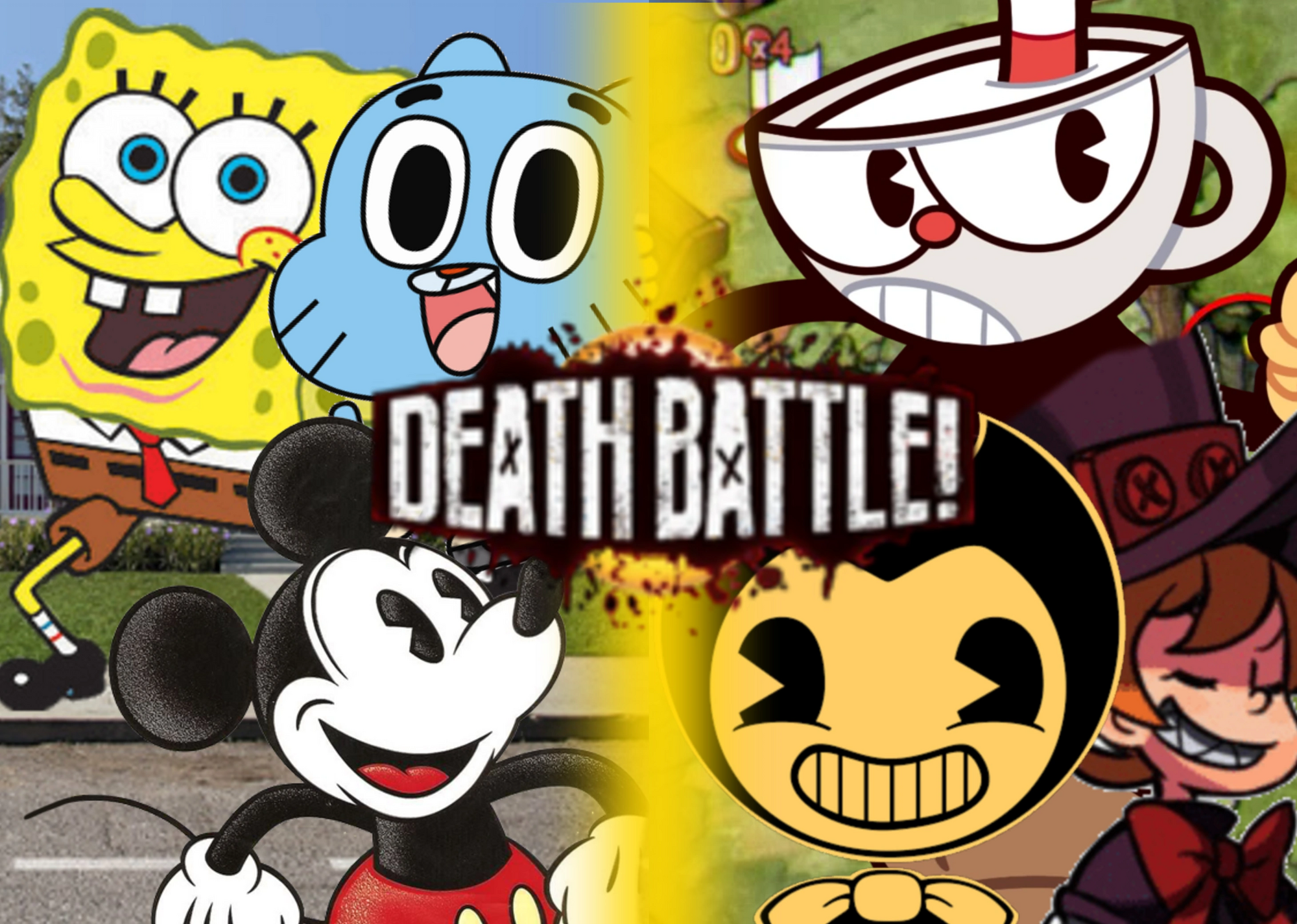 Bendy, Cuphead and Peacock vs Mickey, Spongebob and ...