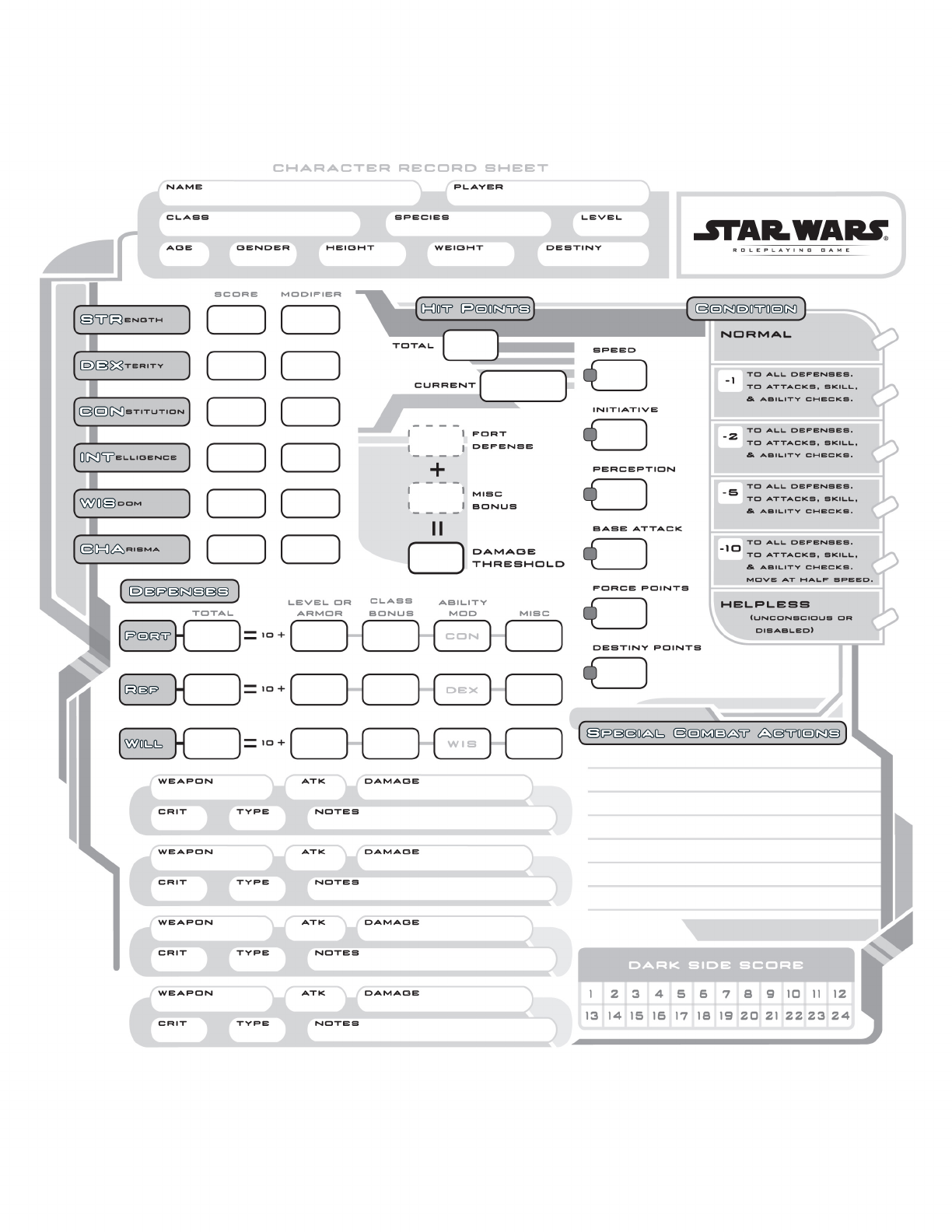 Star Wars Saga Edition Printable Character Sheet