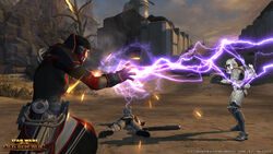 Sith Inquisitor Lightning op een Trooper