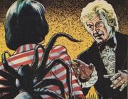 Third Doctor, Sarah, and Eight Leg