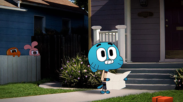 Why does Gumball's house have the door on the right side but