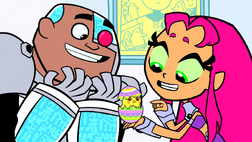 Cyborg and Starfire wit hatching egg