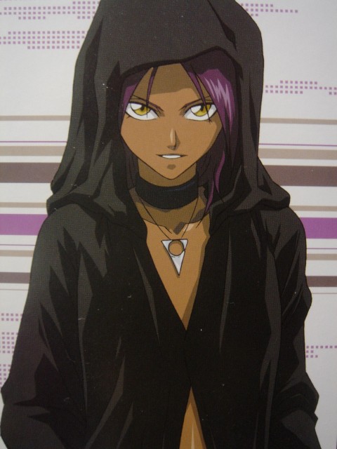 which female anime character has dark skin and purple hair