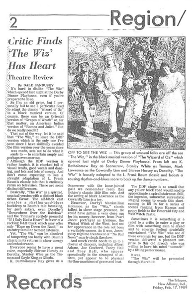 1989 Tribune of New Albany, Indiana Theatre Review of Shirese Hursey and Darryl Maximilian Robinson in The Wiz by Dale Sandusky. 