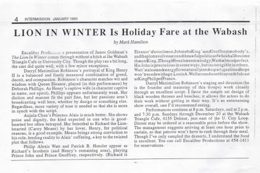 Excaliber Productions Ltd theatre review of the 1993 production of The Lion In Winter at The Wabash Triangle Cafe (1)