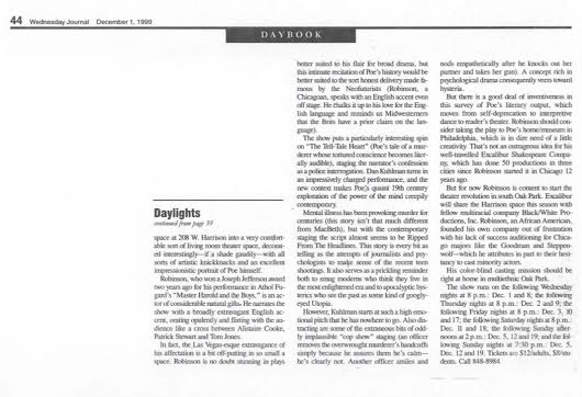 Part Two of Arts Reporter Darryl Cater's Dec. 1, 1999 Wednesday Journal of Oak Park Feature Story and Review of Excaliber Shakespeare Company of Chicago's The Raven and Six Other Points of Interest.