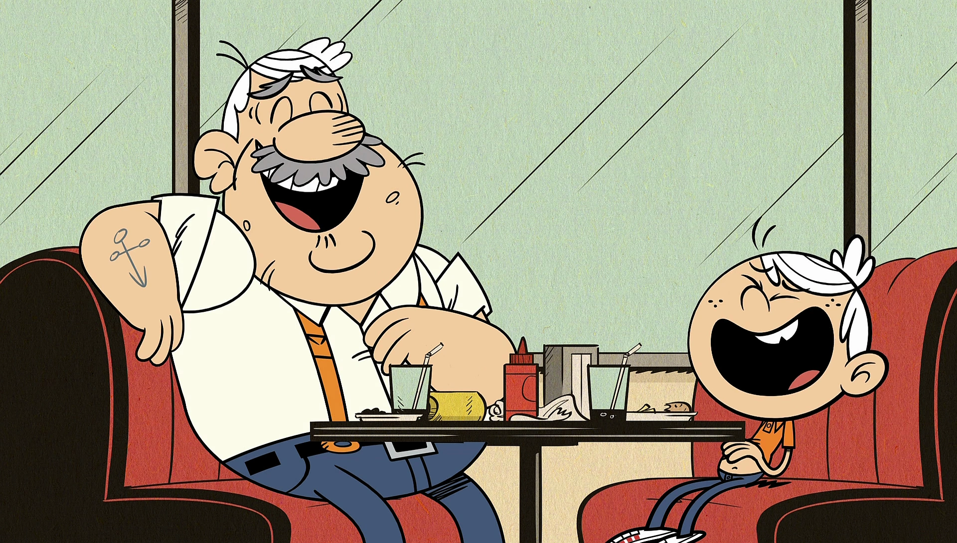 Image S2E02B Pop Pop and Lincoln laugh at each other at the diner.png