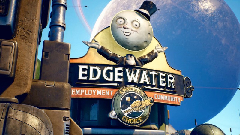 The sign and logo of the town of Edgewater, an "employement commnity": a man with the Moon as his head wearing a top hat and tuxedo, and the logo for the company Spacer's Choice.