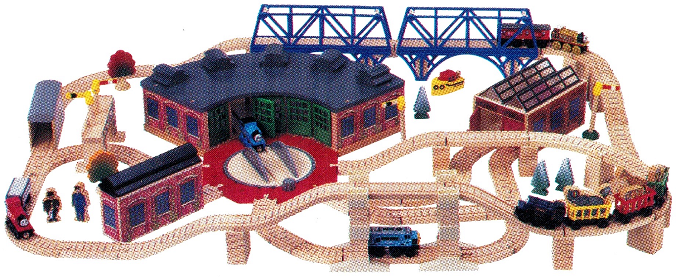 wooden train roundhouse and turntable set