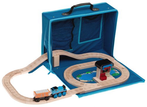 wooden train set in carry case