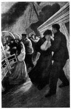 Illustration of a weeping woman being comforted by a man on the sloping deck of a ship. In the background men are loading other women into a lifeboat.