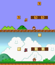 Top: the NES version of Super Mario Bros., depicting an area of World 1-1. Bottom: the Super Mario All-Stars version of Super Mario Bros., depicting the next area of the level. The latter is more detailed and takes advantage of the SNES's 16-bit hardware.
