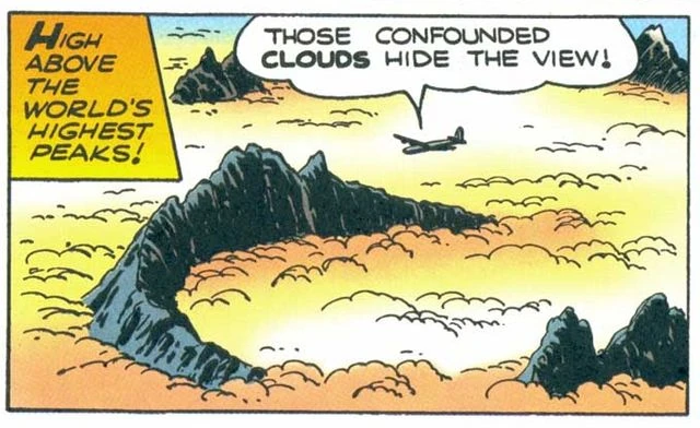 An airplane flying over dense cloud cover and mountain peaks.