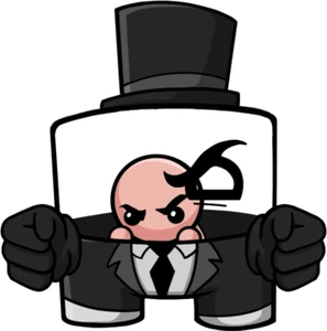 a small fetus in a jar. The jar is decorated with a top hat, black monocle, and black and white tuxedo with white flat feet. His arms comprise of two levitating black gloves, which move in link with the fetus' arms.