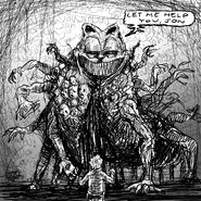 "Gorefield" image. A grotesquely mutated giant Garfield tells Jon creepily "let me help you jon."
