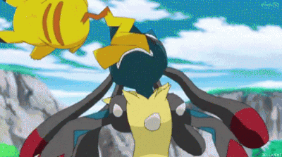 Lucario swings around Pikachu